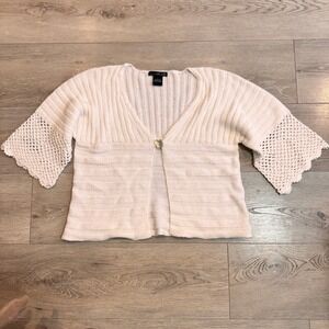 Willi Smith Ivory Cotton Cropped Cardigan Knit Bell‎ Sleeves Sz Large L